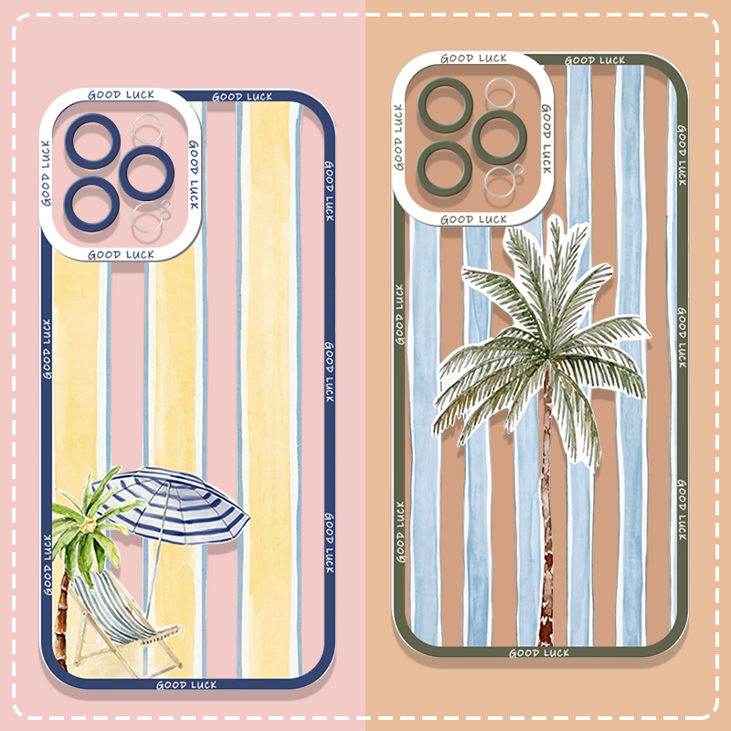 Phone Cases For Samsung A14 - Sommerliche Palm-Kokosnuss-Baum Gestreifte Bedruckte Transparente Handyhülle