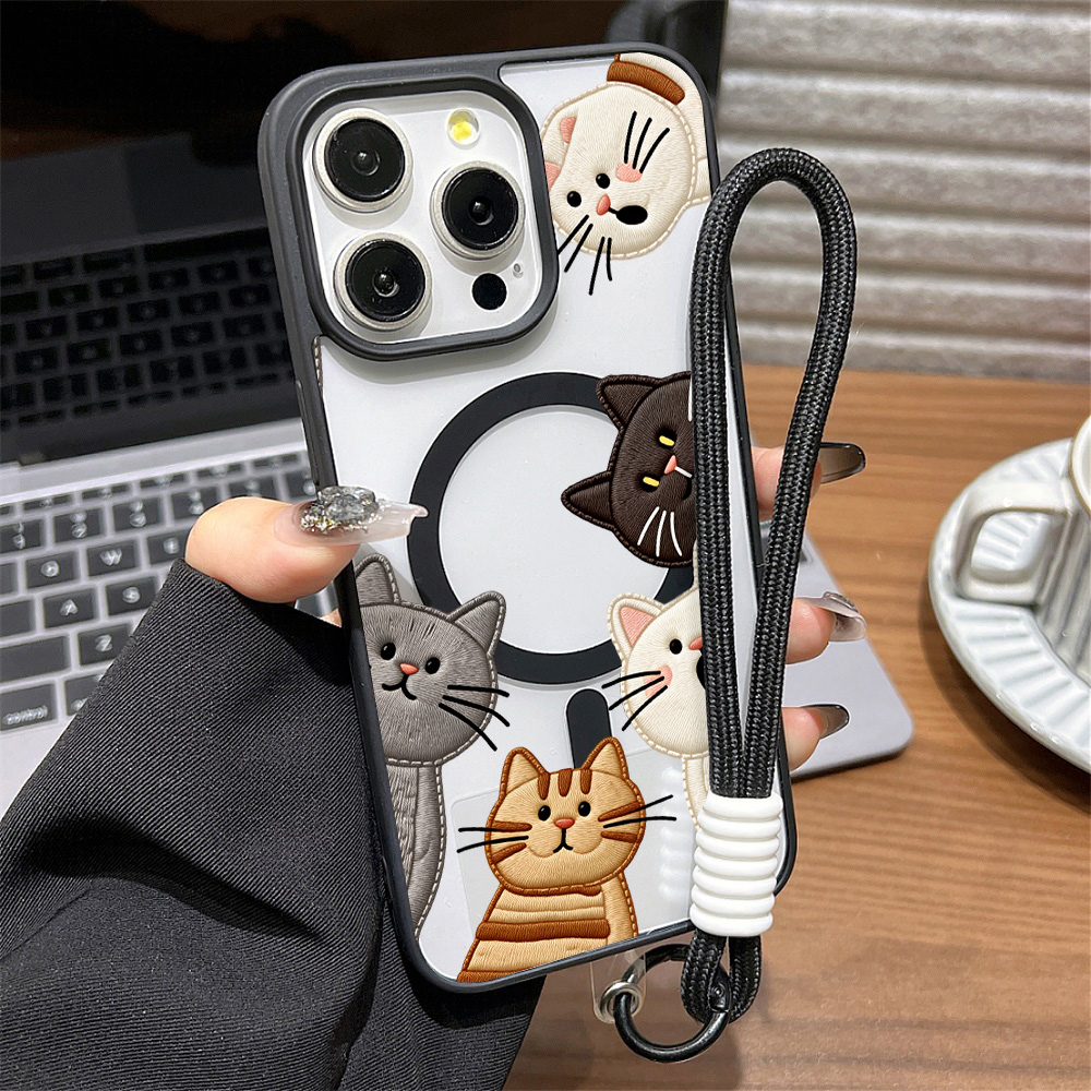 Phone Cases Iphone 17 Pro - Niedliche Handyhülle mit Kunststickerei-Katzenmotiv für iPhone